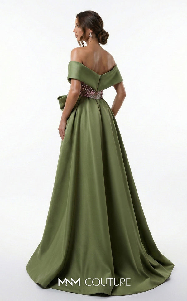 Olive sequin bespoke evening wear with satin double skirt MNM Couture F03024