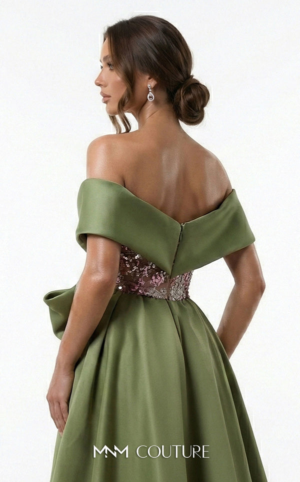 Olive sequin bespoke evening wear with satin double skirt MNM Couture F03024