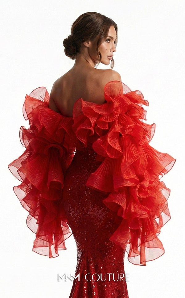 MNM Couture F03029 red sequin sweetheart mermaid gown with removable oversized tiered organza off-shoulder ruffle sleeves, open upper back, and sweeping sequin train | Couture Shop LA