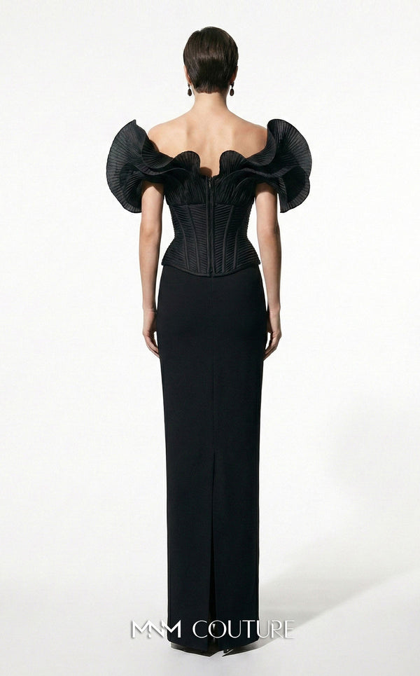 MNM Couture F03032 crepe column gown with off-shoulder draped sweetheart neckline, bilateral accordion-pleated fan ruffles, structured boned corset, and center-back slit | Couture Shop LA.