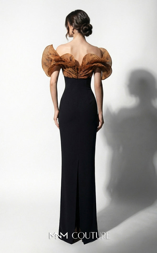 MNM Couture F03033 strapless crepe column gown with sweetheart neckline, pleated organza ruffle bustline, and back slit | Couture Shop LA.