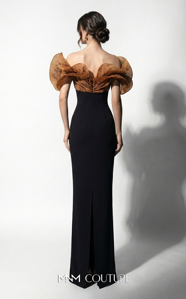 MNM Couture F03033 strapless crepe column gown with sweetheart neckline, pleated organza ruffle bustline, and back slit | Couture Shop LA.
