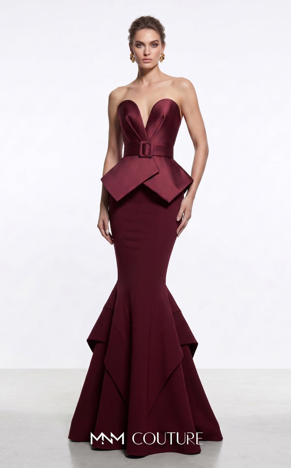 MNM Couture F03035A strapless crepe and satin mermaid gown with surplice sweetheart neckline, self-covered belt, angular peplum, and handkerchief double-tiered tail | Couture Shop LA.