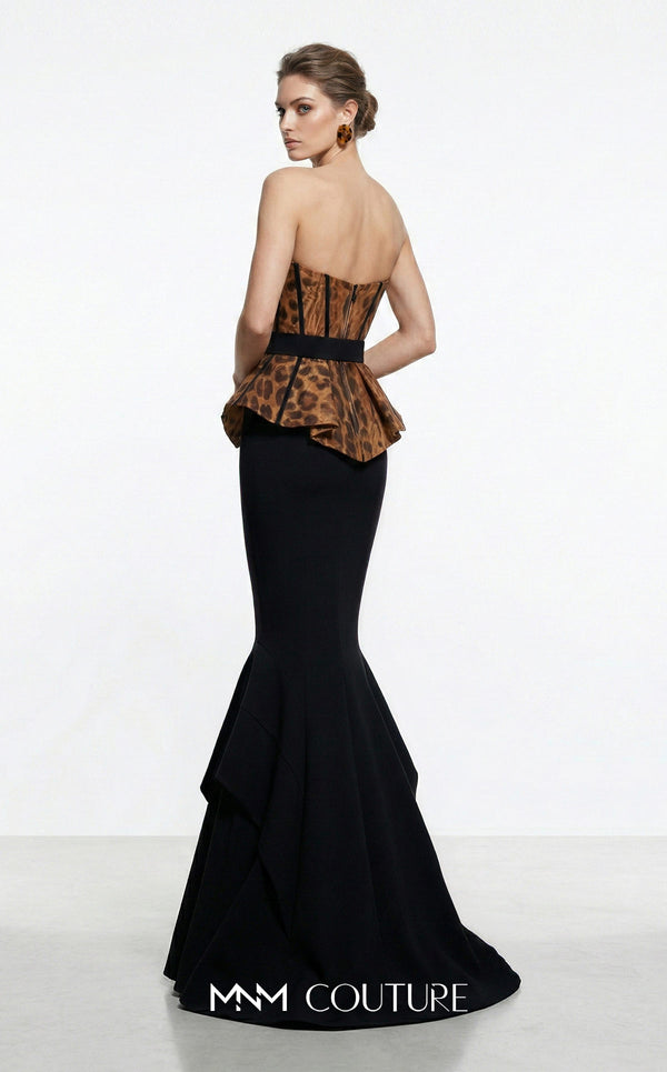 MNM Couture F03035 tiger print strapless corset mermaid gown with plunging sweetheart neckline, butterfly peplum wings, wide black buckle belt, and black crepe double-tiered handkerchief tail | Couture Shop LA.