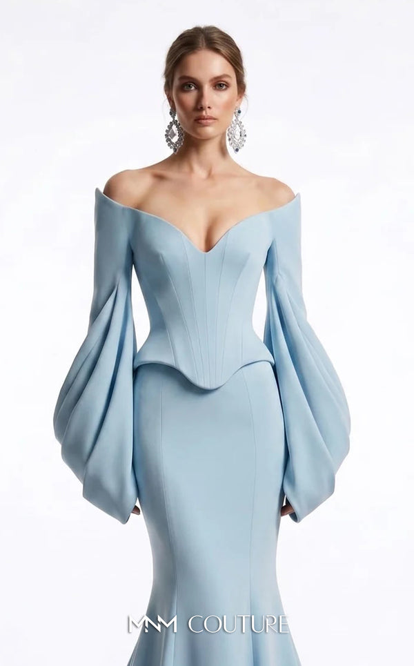 MNM Couture F03036 off-shoulder corseted crepe mermaid gown with sweetheart neckline, draped bubble sleeves, and curved hem | Couture Shop LA.