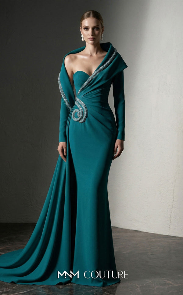 MNM Couture F03038 crepe mermaid gown with crystal-beaded sweetheart neckline, radial side-hip draping, off-shoulder sleeves, and dramatic side train | Couture Shop LA.