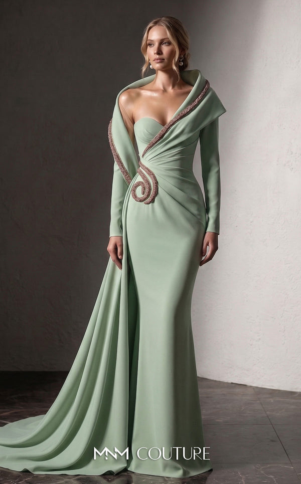 MNM Couture F03038 crepe mermaid gown with crystal-beaded sweetheart neckline, radial side-hip draping, off-shoulder sleeves, and dramatic side train | Couture Shop LA.