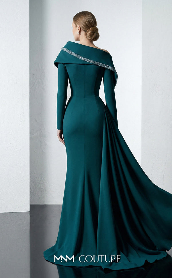 MNM Couture F03038 crepe mermaid gown with crystal-beaded sweetheart neckline, radial side-hip draping, off-shoulder sleeves, and dramatic side train | Couture Shop LA.