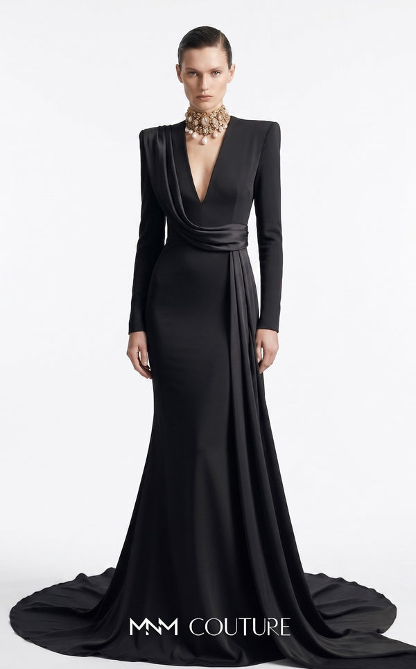 MNM Couture F03046 cherry red crepe long-sleeve column gown with structured shoulders, deep plunging V-neckline, and Roman écharpe drape from right shoulder to cascading left side panel | Couture Shop LA