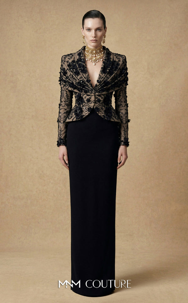 MNM Couture F03047 two-piece floral lace blazer jacket and column skirt set with deep V plunge, structured lapels, and bead sequin embroidery | Couture Shop LA.