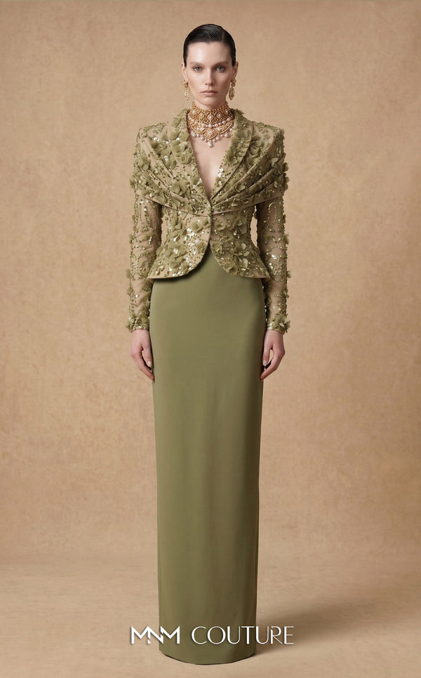 MNM Couture F03047 two-piece floral lace blazer jacket and column skirt set with deep V plunge, structured lapels, and bead sequin embroidery | Couture Shop LA.
