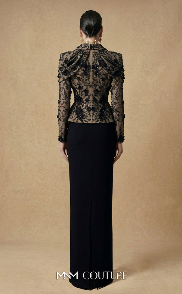 MNM Couture F03047 two-piece floral lace blazer jacket and column skirt set with deep V plunge, structured lapels, and bead sequin embroidery | Couture Shop LA.