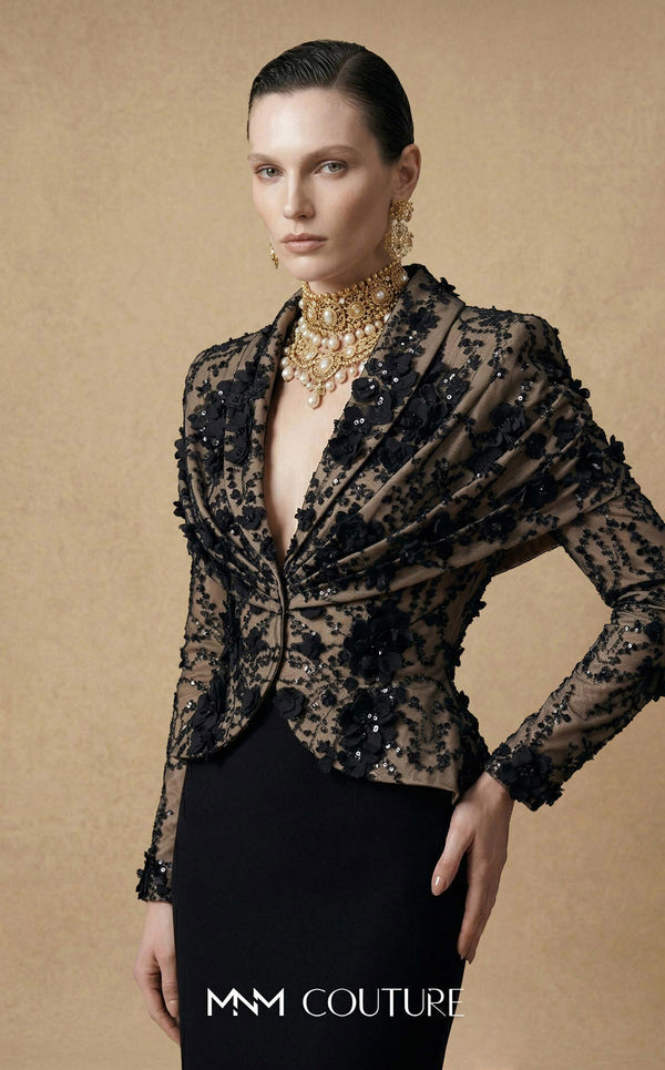 MNM Couture F03047 two-piece floral lace blazer jacket and column skirt set with deep V plunge, structured lapels, and bead sequin embroidery | Couture Shop LA.