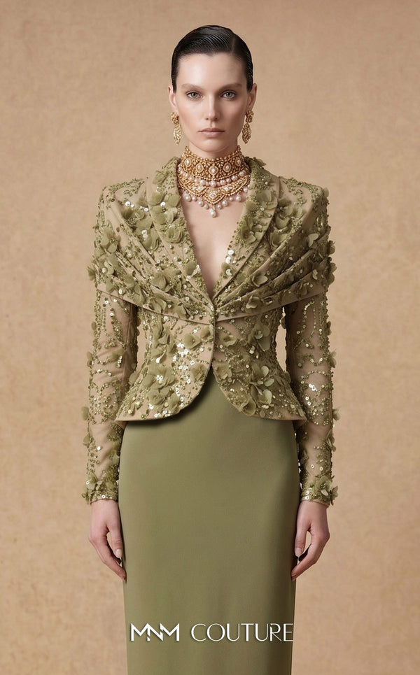 MNM Couture F03047 two-piece floral lace blazer jacket and column skirt set with deep V plunge, structured lapels, and bead sequin embroidery | Couture Shop LA.