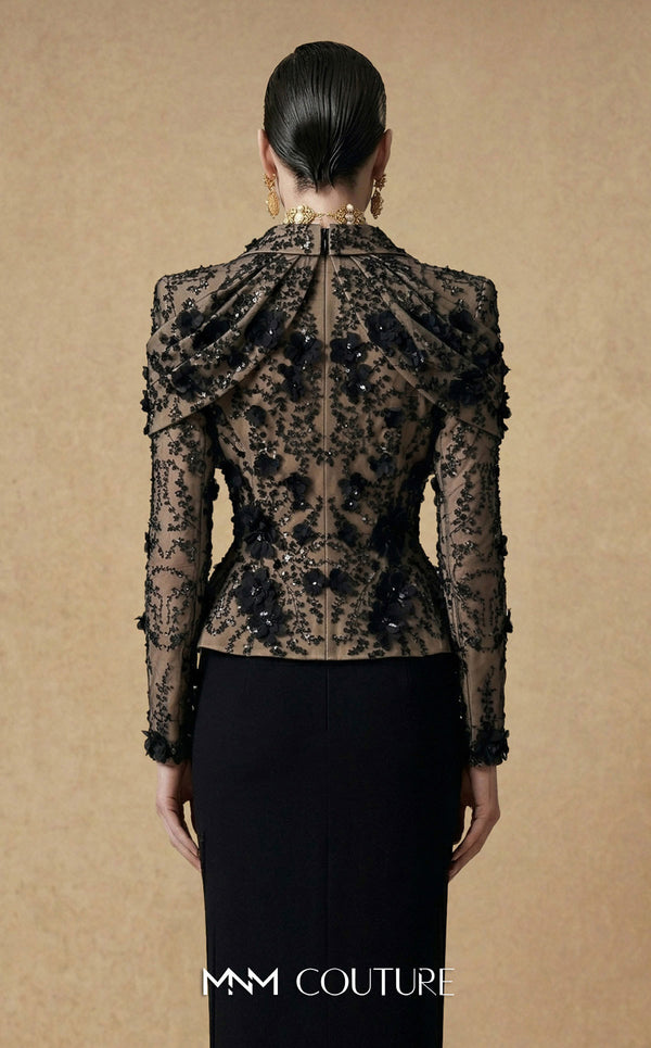 MNM Couture F03047 two-piece floral lace blazer jacket and column skirt set with deep V plunge, structured lapels, and bead sequin embroidery | Couture Shop LA.