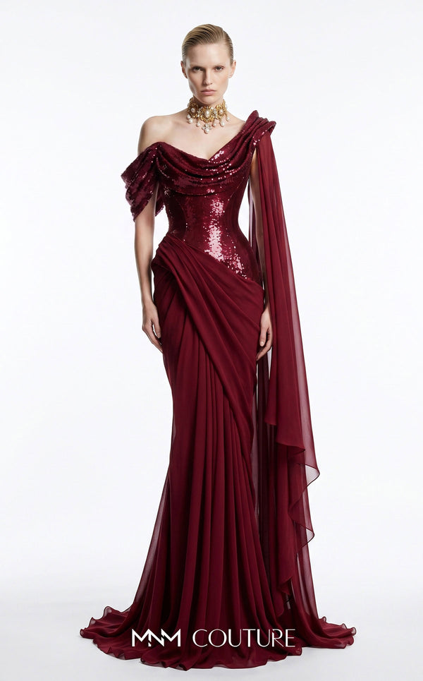 MNM Couture F03048 sequin off-shoulder fitted mermaid gown with cascading chiffon cape drape over one shoulder | Couture Shop LA.