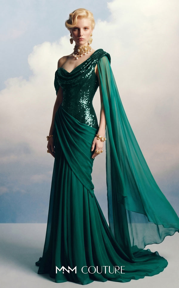 MNM Couture F03048 sequin off-shoulder fitted mermaid gown with cascading chiffon cape drape over one shoulder | Couture Shop LA.