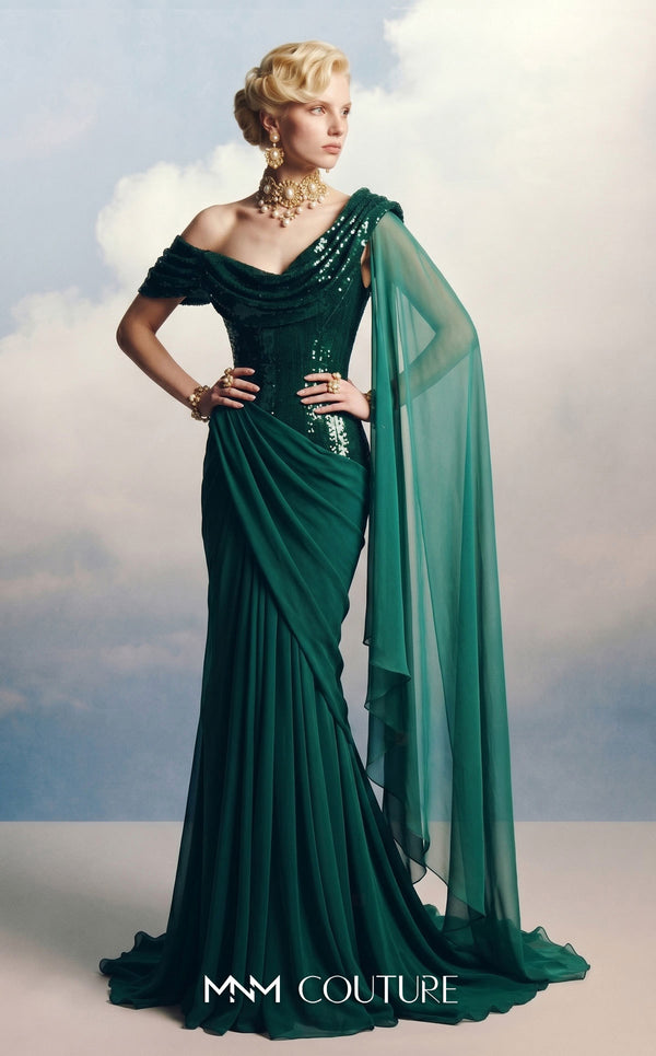 MNM Couture F03048 sequin off-shoulder fitted mermaid gown with cascading chiffon cape drape over one shoulder | Couture Shop LA.