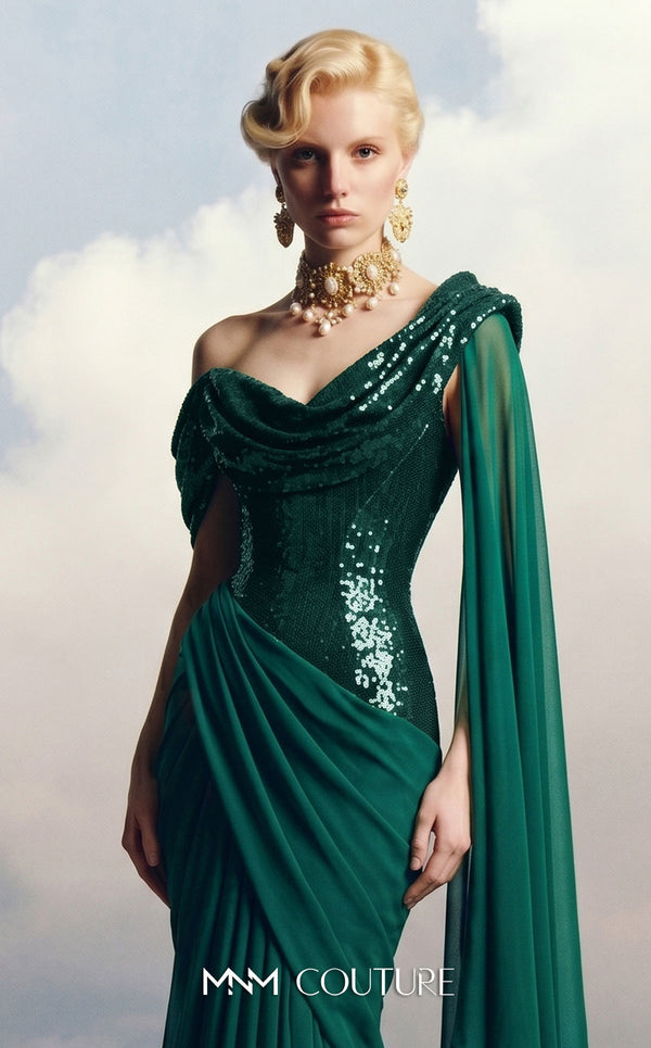 MNM Couture F03048 sequin off-shoulder fitted mermaid gown with cascading chiffon cape drape over one shoulder | Couture Shop LA.
