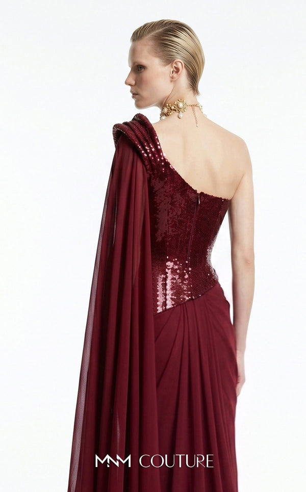 MNM Couture F03048 sequin off-shoulder fitted mermaid gown with cascading chiffon cape drape over one shoulder | Couture Shop LA.