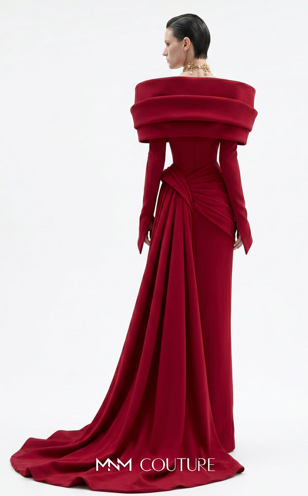 MNM Couture F03049 off-shoulder crepe column gown with sculptural draped wrap collar, sweetheart neckline, side-hip drape, and sweeping side train | Couture Shop LA.