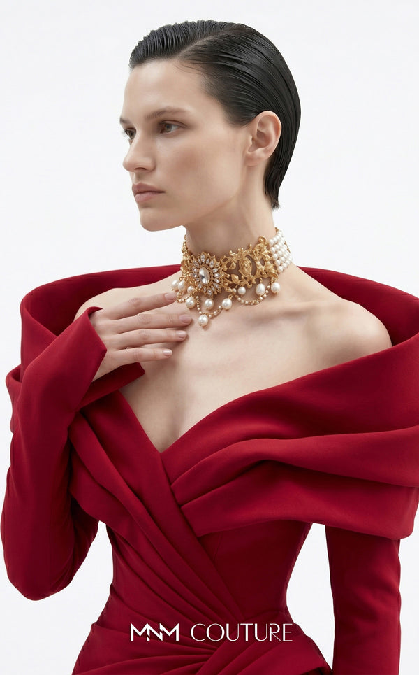 MNM Couture F03049 off-shoulder crepe column gown with sculptural draped wrap collar, sweetheart neckline, side-hip drape, and sweeping side train | Couture Shop LA.