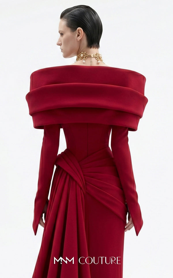 MNM Couture F03049 off-shoulder crepe column gown with sculptural draped wrap collar, sweetheart neckline, side-hip drape, and sweeping side train | Couture Shop LA.
