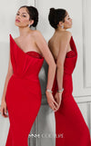 Stunning red rayon crepe gown with an asymmetric neckline, intricate bead embroidery, peplum detail, and long train. | Couture Shop LA