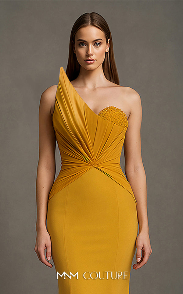 Stunning red rayon crepe gown with an asymmetric neckline, intricate bead embroidery, peplum detail, and long train. | Couture Shop LA