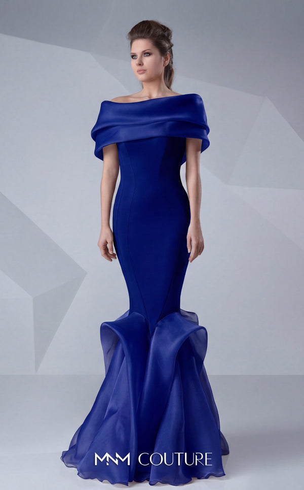 A refined MNM Couture G0620 mermaid gown with off-shoulder sleeves, ruched detailing, and a contoured silhouette for impactful elegance. | Couture Shop LA