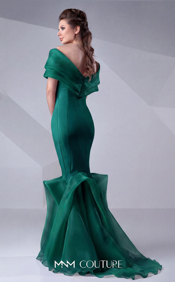 A refined MNM Couture G0620 mermaid gown with off-shoulder sleeves, ruched detailing, and a contoured silhouette for impactful elegance. | Couture Shop LA
