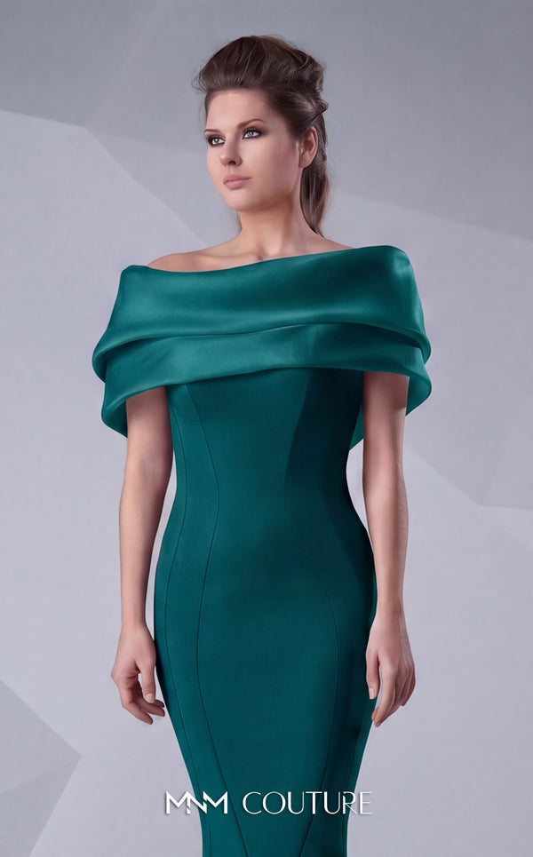 A refined MNM Couture G0620 mermaid gown with off-shoulder sleeves, ruched detailing, and a contoured silhouette for impactful elegance. | Couture Shop LA