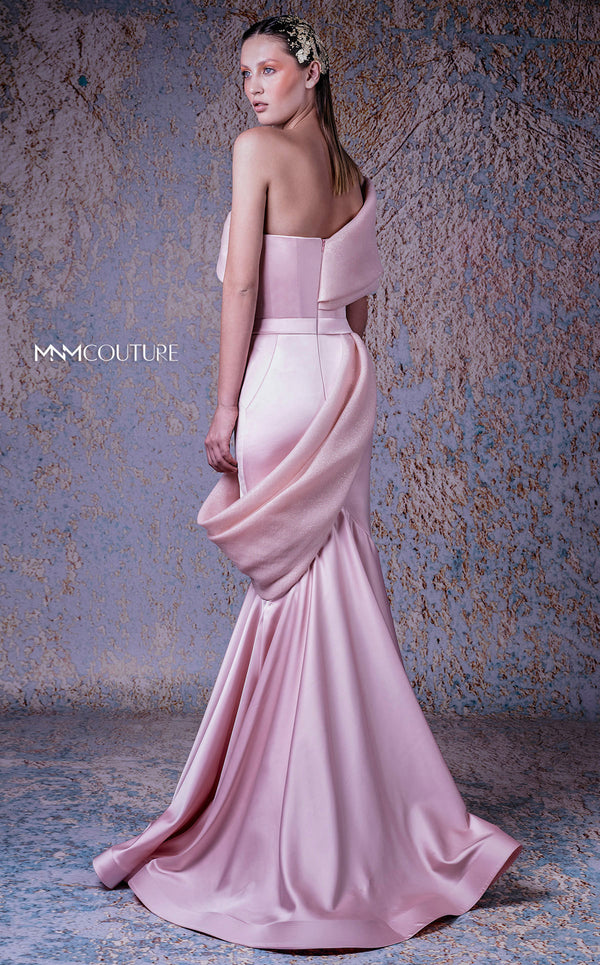 MNM Couture G1038 satin mermaid gown with straight-across neckline, off-shoulder bust drape, intricate pleating, and voluminous satin skirt | Couture Shop LA.