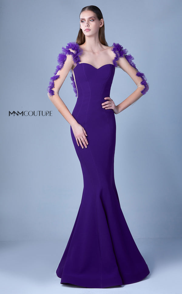 MNM Couture G1094 crepe and illusion mesh mermaid gown with sweetheart neckline, nude illusion mid-length sleeves, and sculptural tulle ruffles | Couture Shop LA.