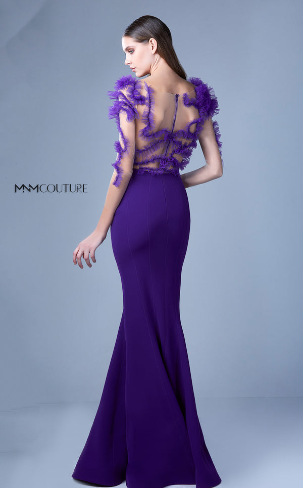 MNM Couture G1094 crepe and illusion mesh mermaid gown with sweetheart neckline, nude illusion mid-length sleeves, and sculptural tulle ruffles | Couture Shop LA.