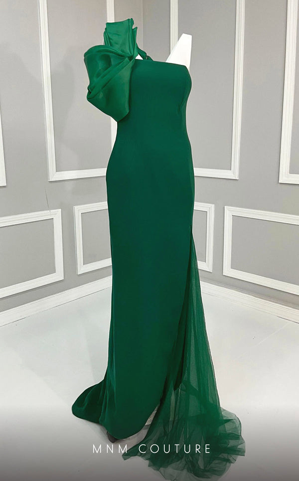 MNM Couture G1345 gown highlighting the unique one-side sleeve and beautiful side slit. | Couture Shop LA