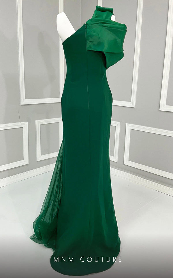 MNM Couture G1345 gown highlighting the unique one-side sleeve and beautiful side slit. | Couture Shop LA