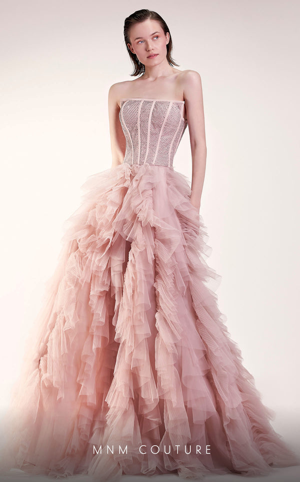 MNM Couture G1409 strapless tulle mesh A-line ball gown with rhinestone fishnet mesh bodice, straight-across neckline, and ruffled skirt | Couture Shop LA.