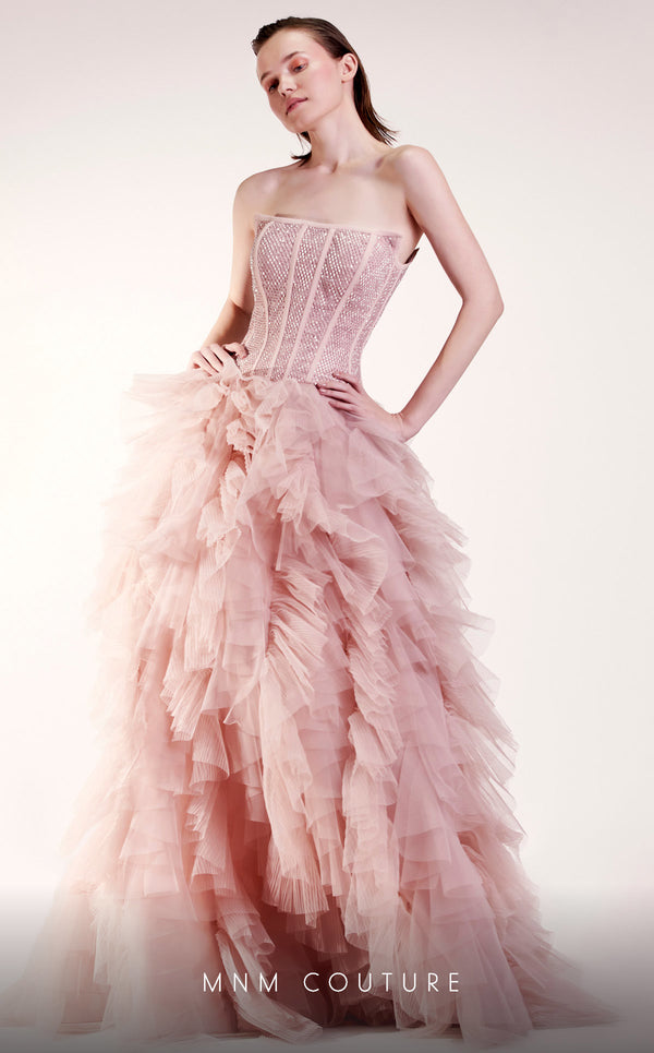 MNM Couture G1409 strapless tulle mesh A-line ball gown with rhinestone fishnet mesh bodice, straight-across neckline, and ruffled skirt | Couture Shop LA.