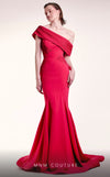 MNM Couture G1430 mermaid gown with asymmetrical design, pleated sleeves, open back, and a dramatic train. | Couture Shop LA