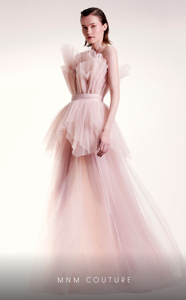 MNM Couture G1435 sleeveless tulle mesh ball gown with empire waist and structural petal bodice detail in layered flowing mesh | Couture Shop LA.