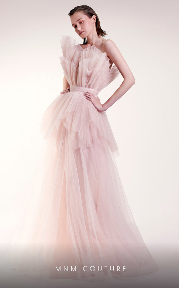 MNM Couture G1435 sleeveless tulle mesh ball gown with empire waist and structural petal bodice detail in layered flowing mesh | Couture Shop LA.