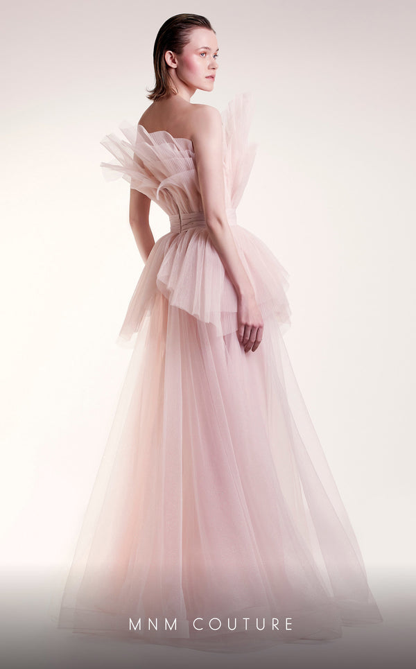 MNM Couture G1435 sleeveless tulle mesh ball gown with empire waist and structural petal bodice detail in layered flowing mesh | Couture Shop LA.