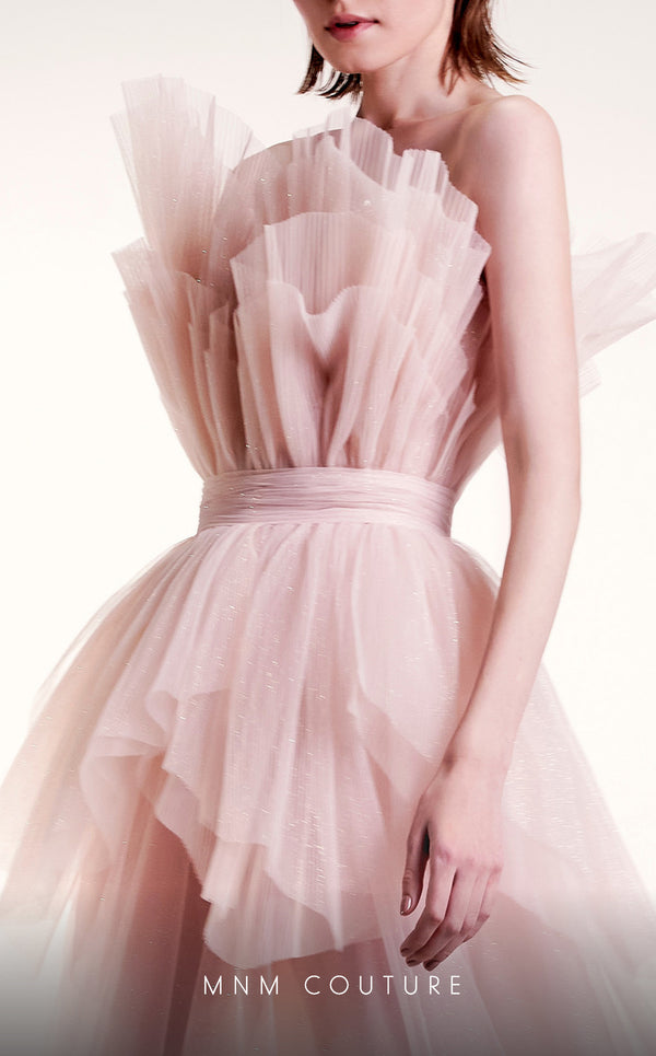 MNM Couture G1435 sleeveless tulle mesh ball gown with empire waist and structural petal bodice detail in layered flowing mesh | Couture Shop LA.
