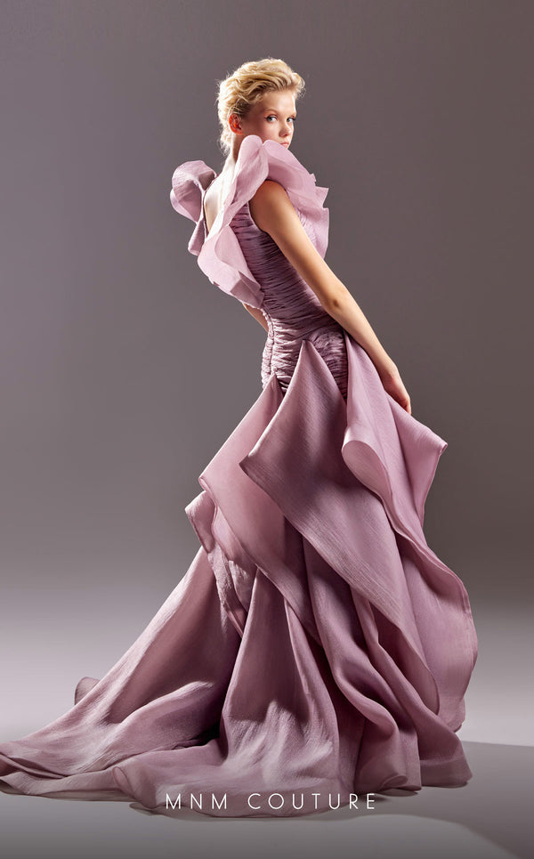 MNM Couture G1504 Silk evening dress with plunging neckline, ruffle sleeves, and fitted design. | Couture Shop LA