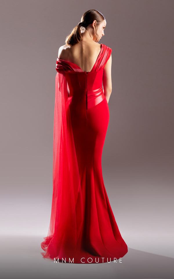 MNM Couture G1505 Strapless fitted crepe gown with a long, dramatic train and minimalist design for timeless sophistication. | Couture Shop LA