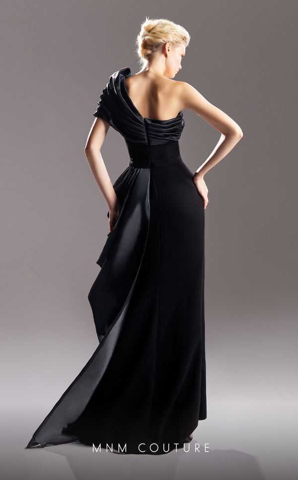 MNM Couture G1507 One-shoulder evening gown with a draped design, organza detailing, and slit for an elegant finish. | Couture Shop LA