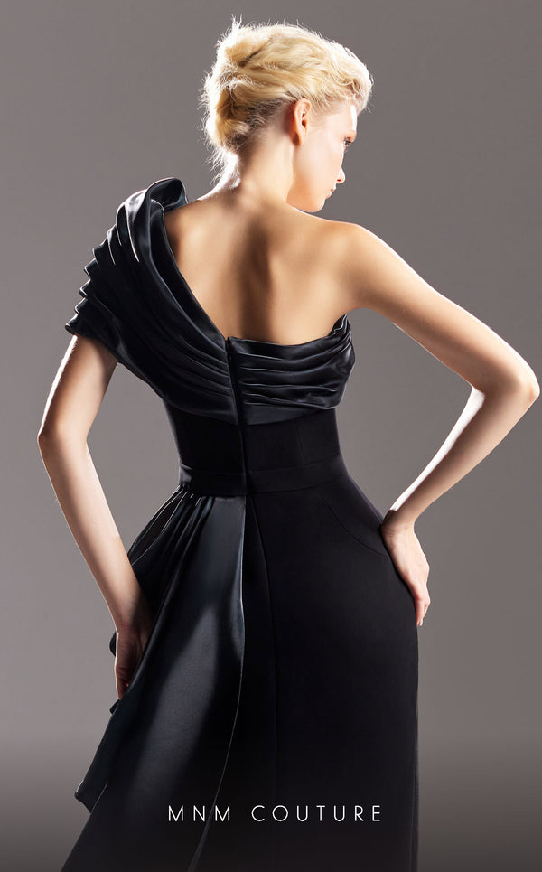 MNM Couture G1507 One-shoulder evening gown with a draped design, organza detailing, and slit for an elegant finish. | Couture Shop LA