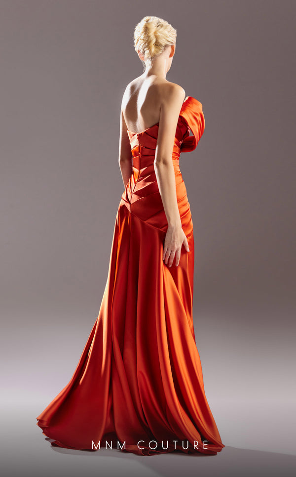 MNM Couture G1510 Strapless satin A-line gown with train and slit detailing for timeless elegance. | Couture Shop LA