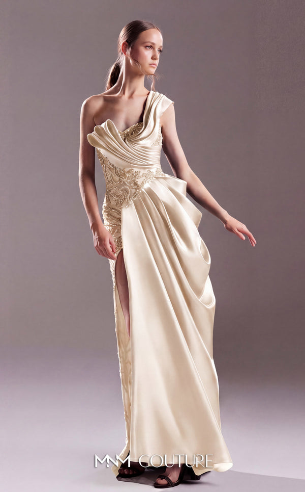 MNM Couture G1527 One-shoulder fitted organza evening dress with draped details and a thigh-high slit for unparalleled sophistication. | Couture Shop LA
